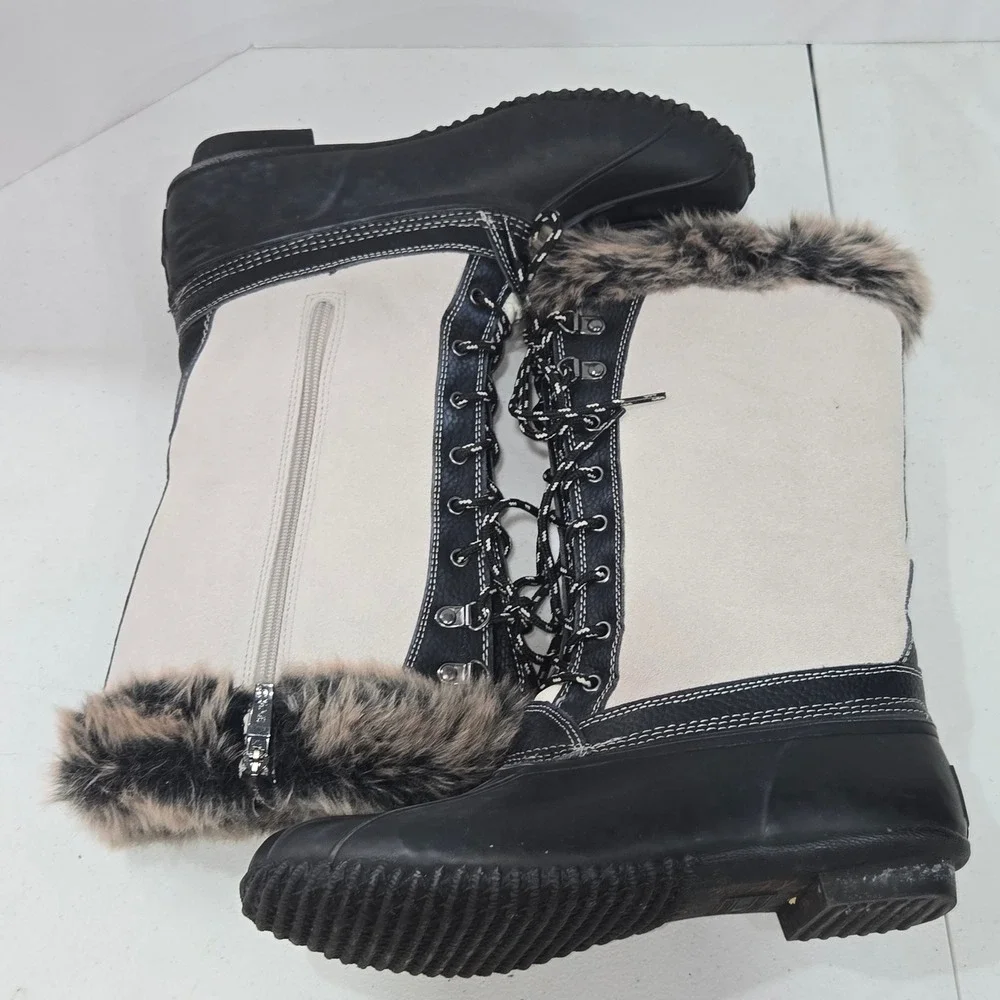 Sporto Nasha Womens Duck Boots Black White Faux Fur Trim Lace Up Size 11M